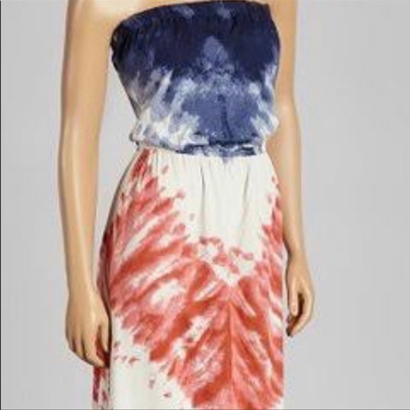Angie Women's Tie Dye Red and Blue Strapless Long Maxi Dress - Picture 2 of 14
